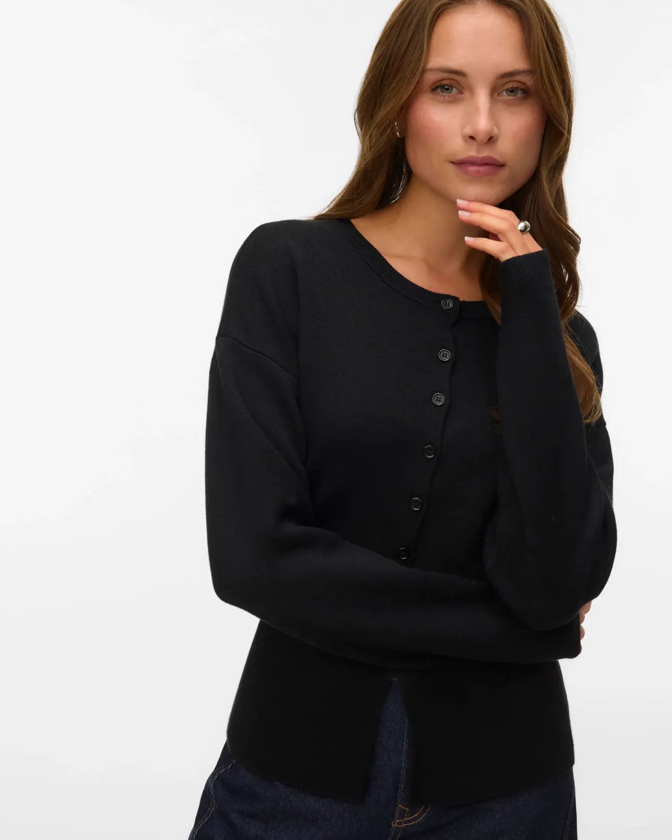VM EVE LS O NECK BUTTON CARDIGAN - BLACK