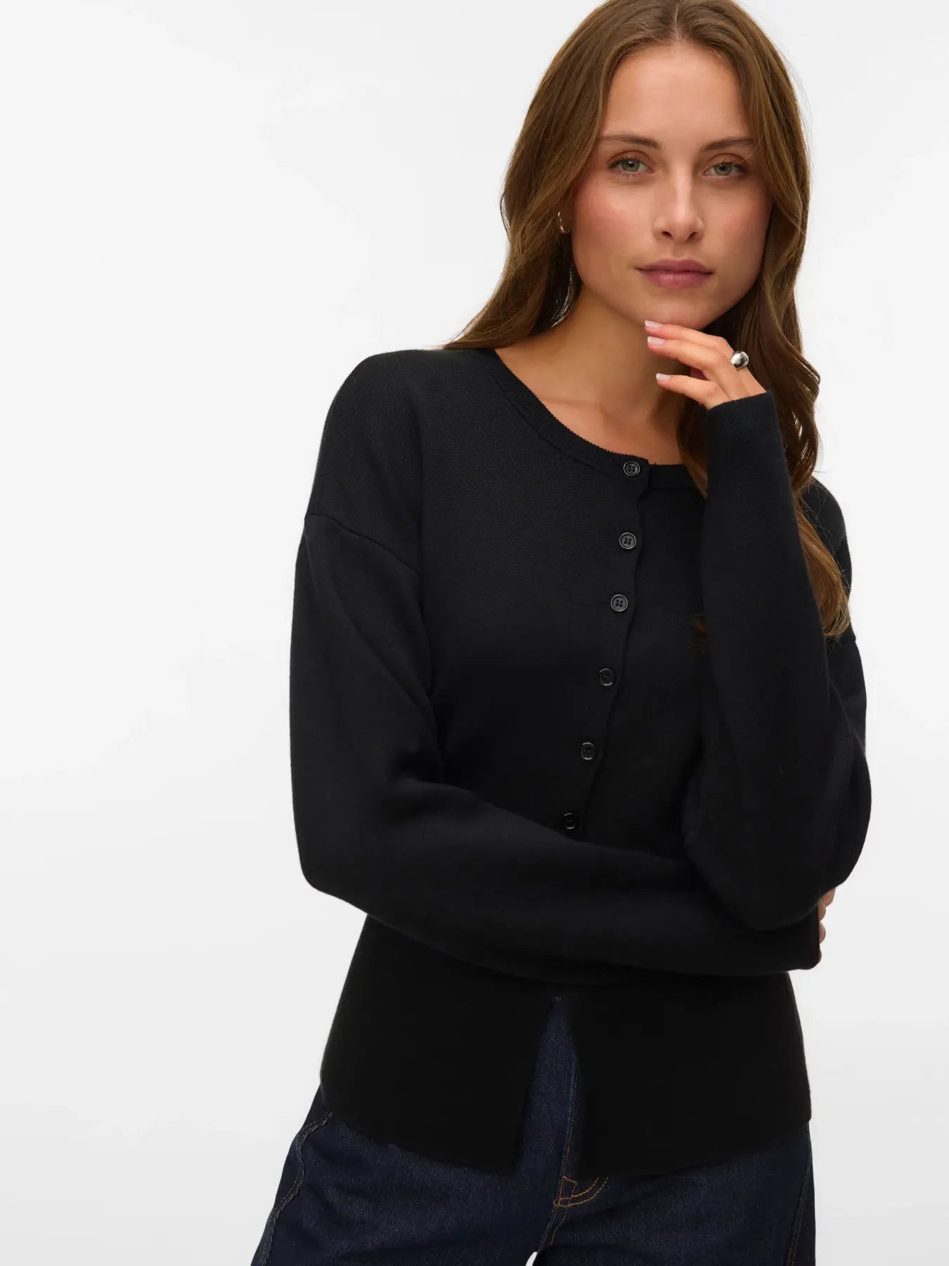 VM EVE LS O NECK BUTTON CARDIGAN - BLACK