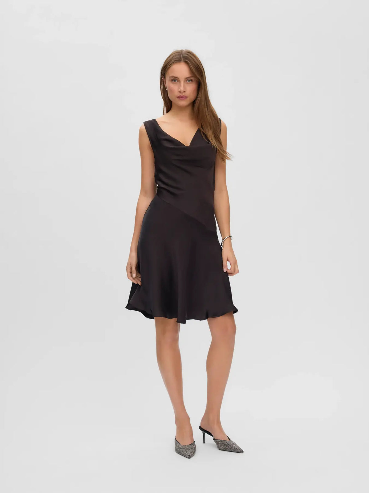 VM MIRO WATERFALL SATIN DRESS - CHOCOLATE TORTE