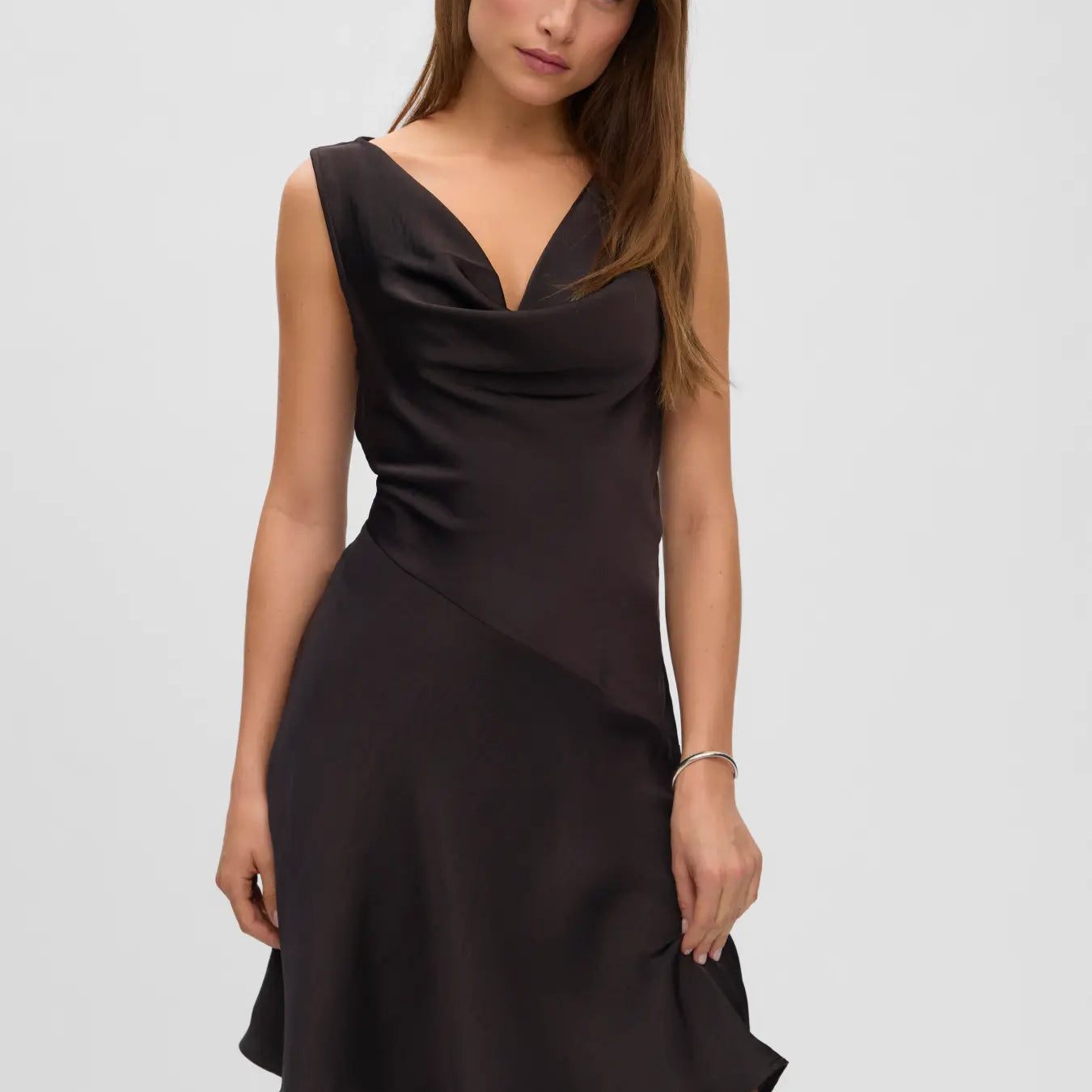 VM MIRO WATERFALL SATIN DRESS - CHOCOLATE TORTE