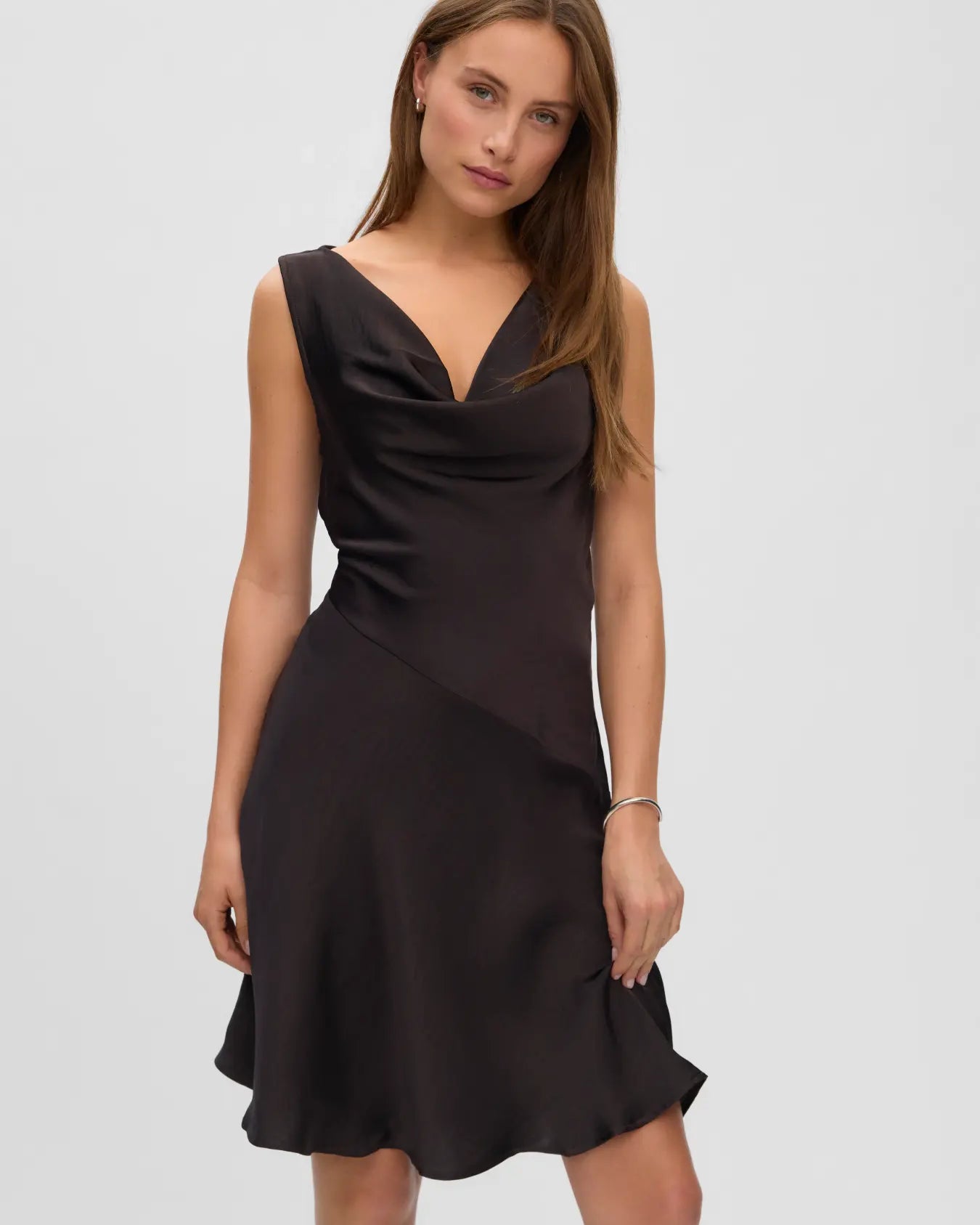 VM MIRO WATERFALL SATIN DRESS - CHOCOLATE TORTE