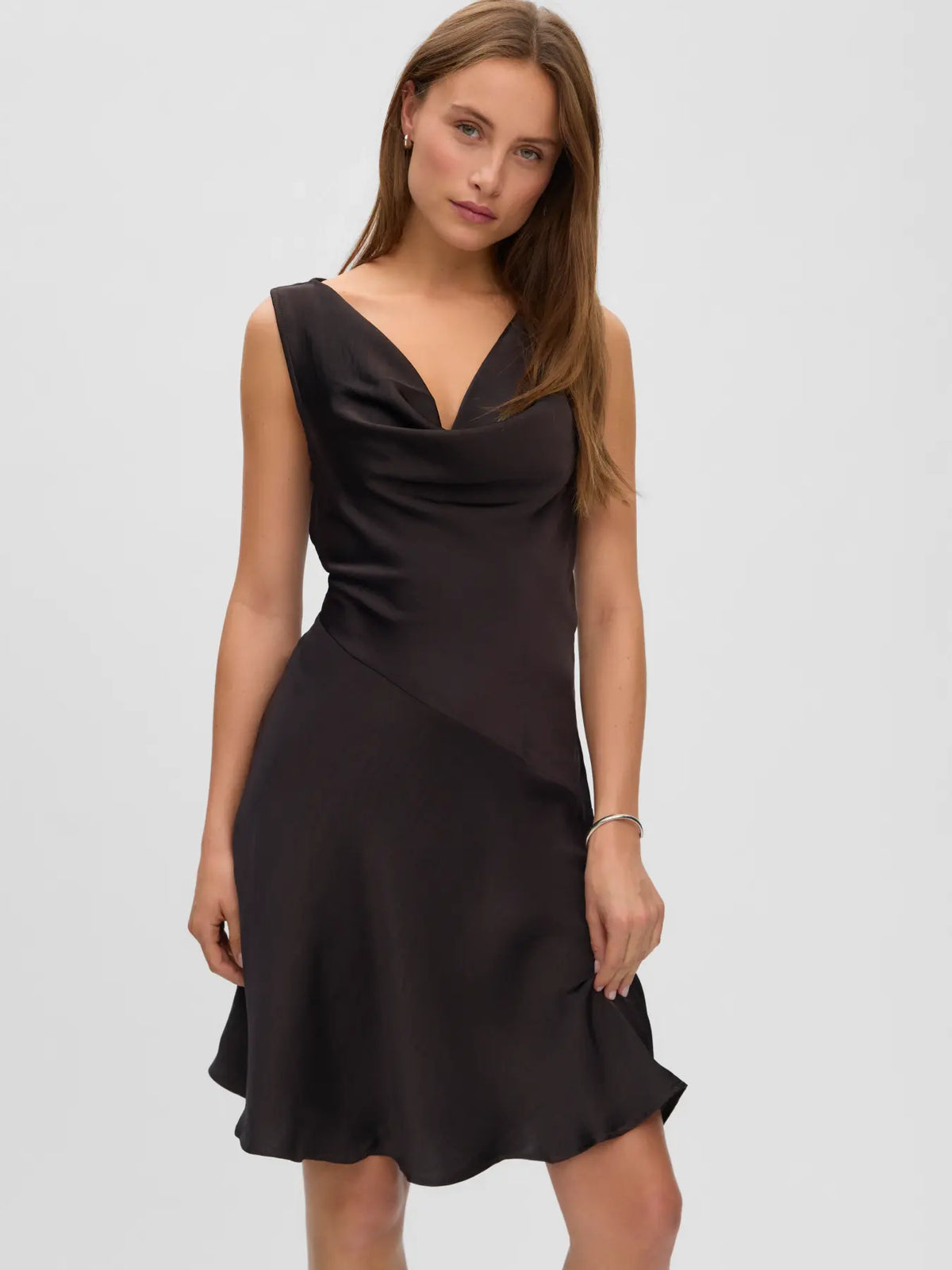 VM MIRO WATERFALL SATIN DRESS - CHOCOLATE TORTE