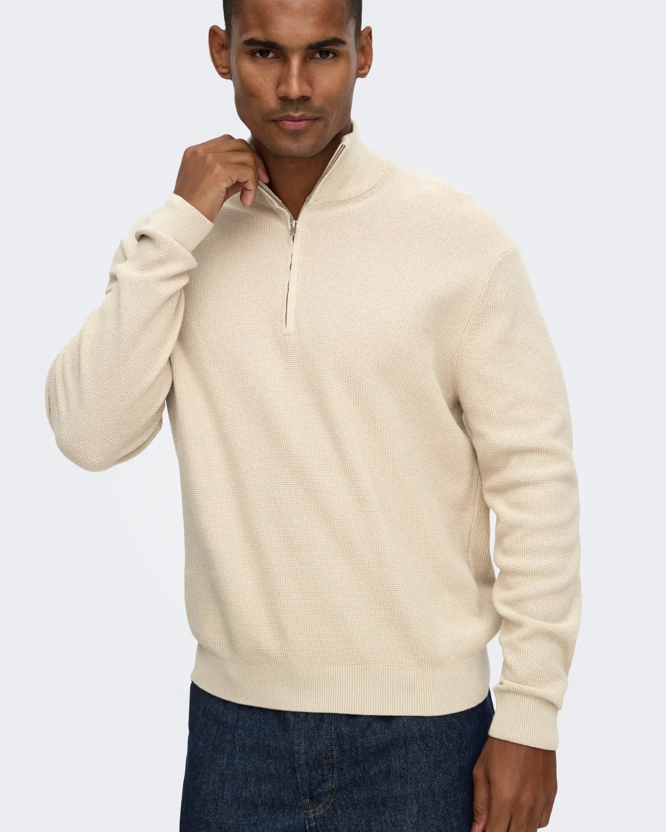 ONLY + SONS TONY REG 1/2 ZIP KNIT PULLOVER - SILVER LINING