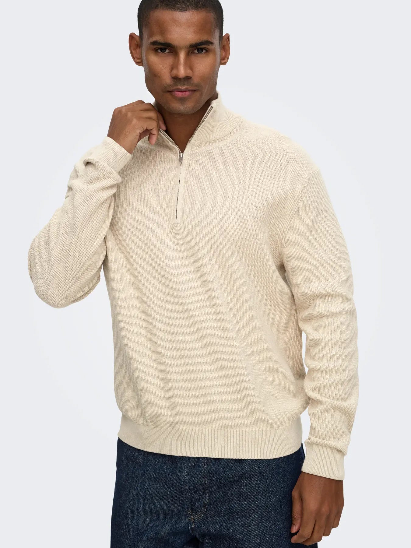 ONLY + SONS TONY REG 1/2 ZIP KNIT PULLOVER - SILVER LINING