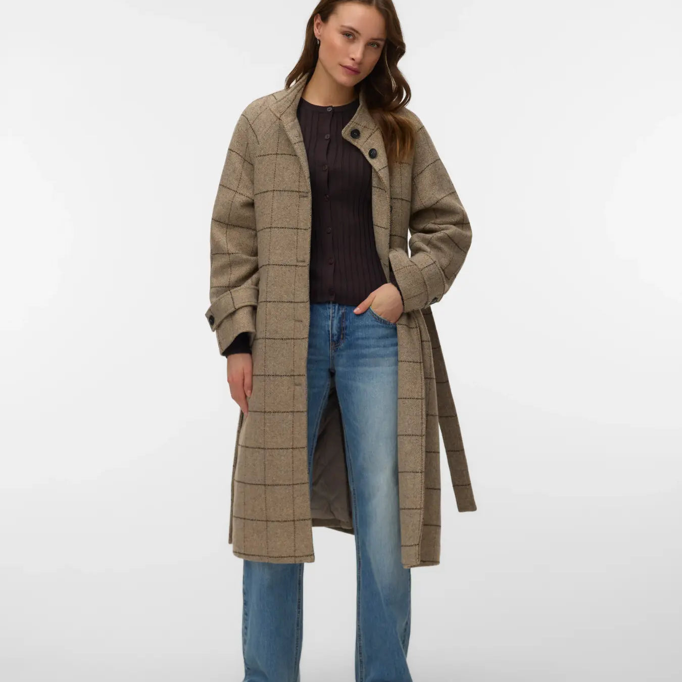 VM GEMMA LONG WOOL PLAID COAT - LIGHT GREY MELANGE