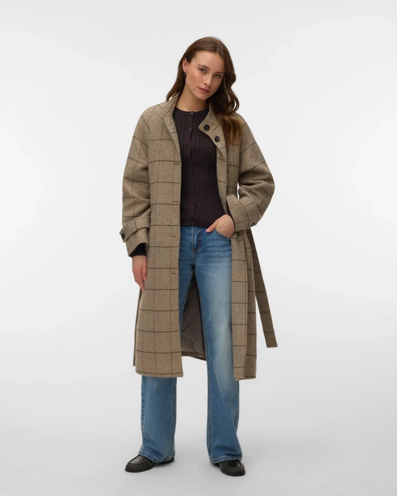 VM GEMMA LONG WOOL PLAID COAT - LIGHT GREY MELANGE
