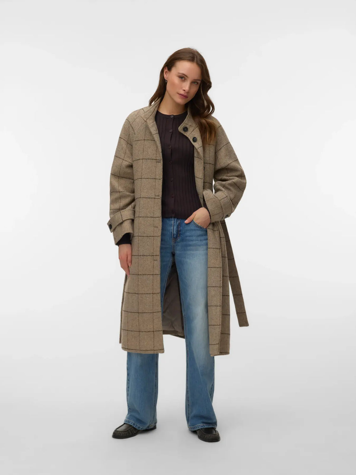 VM GEMMA LONG WOOL PLAID COAT - LIGHT GREY MELANGE