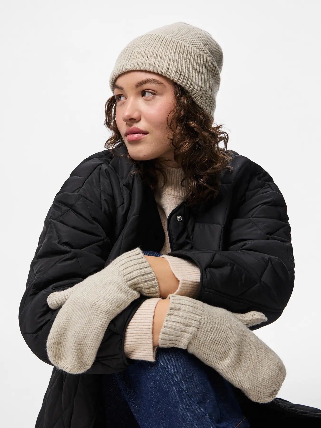 PIECES NYNNE MITTENS + BEANIE SET - SILVER LINING