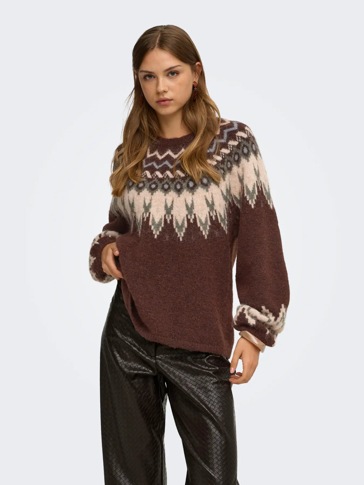 ONLY REYKJA LS FAIR ISLE O NECK SWEATER - COFFEE BEAN
