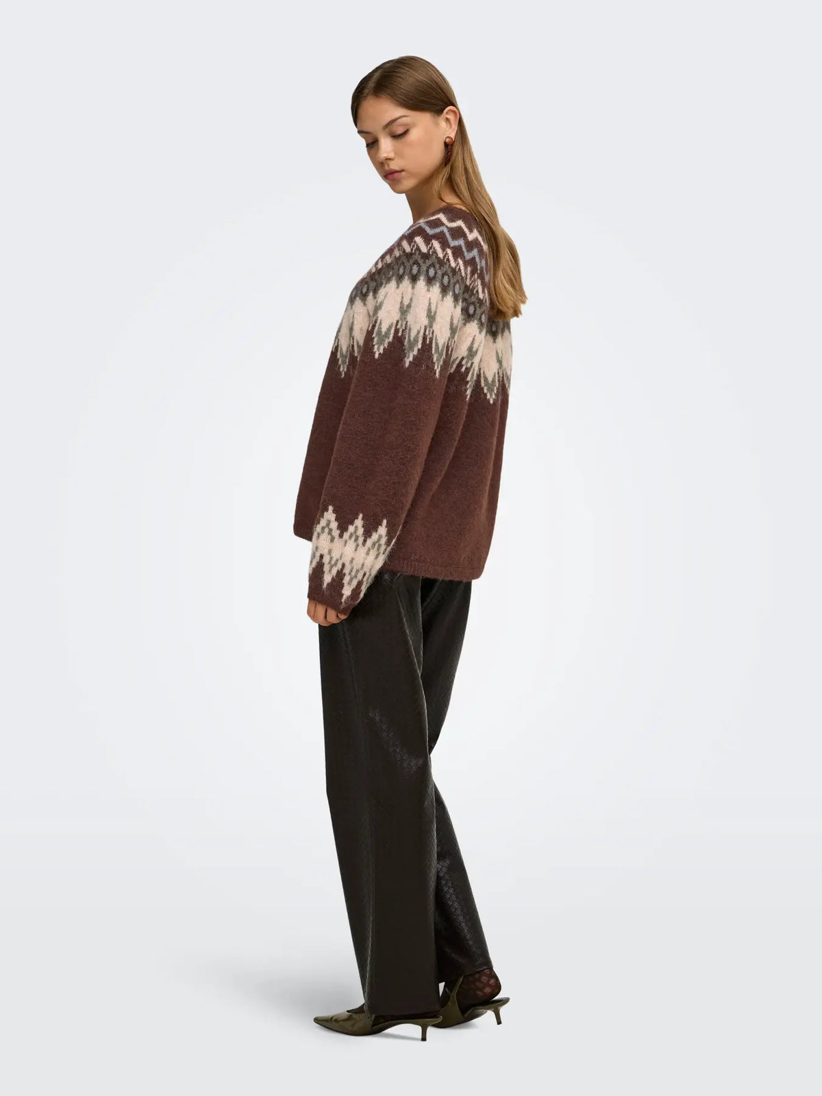 ONLY REYKJA LS FAIR ISLE O NECK SWEATER - COFFEE BEAN