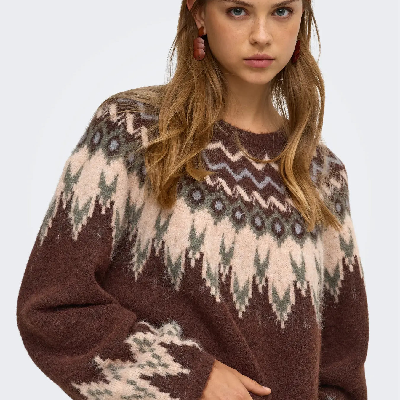 ONLY REYKJA LS FAIR ISLE O NECK SWEATER - COFFEE BEAN
