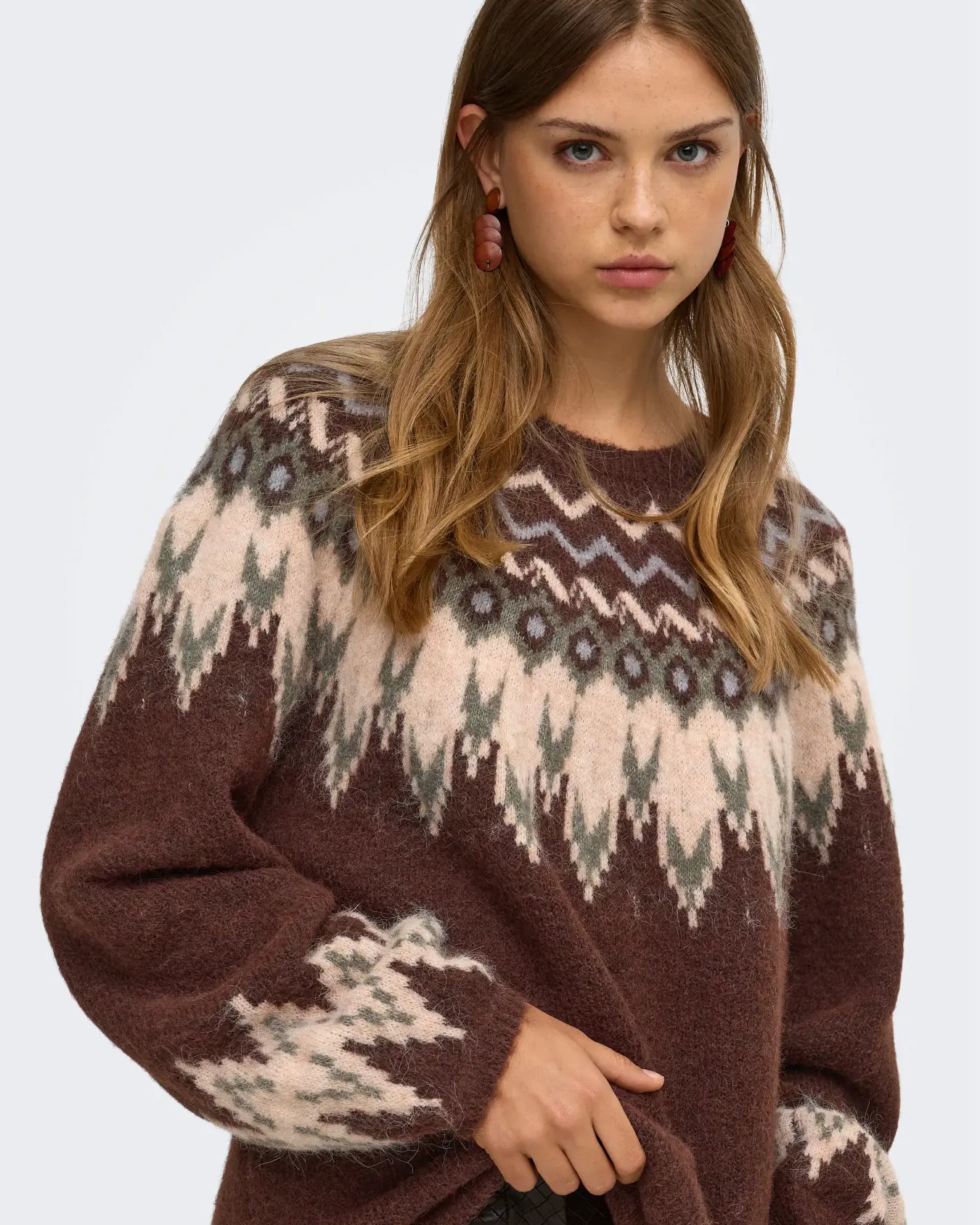 ONLY REYKJA LS FAIR ISLE O NECK SWEATER - COFFEE BEAN