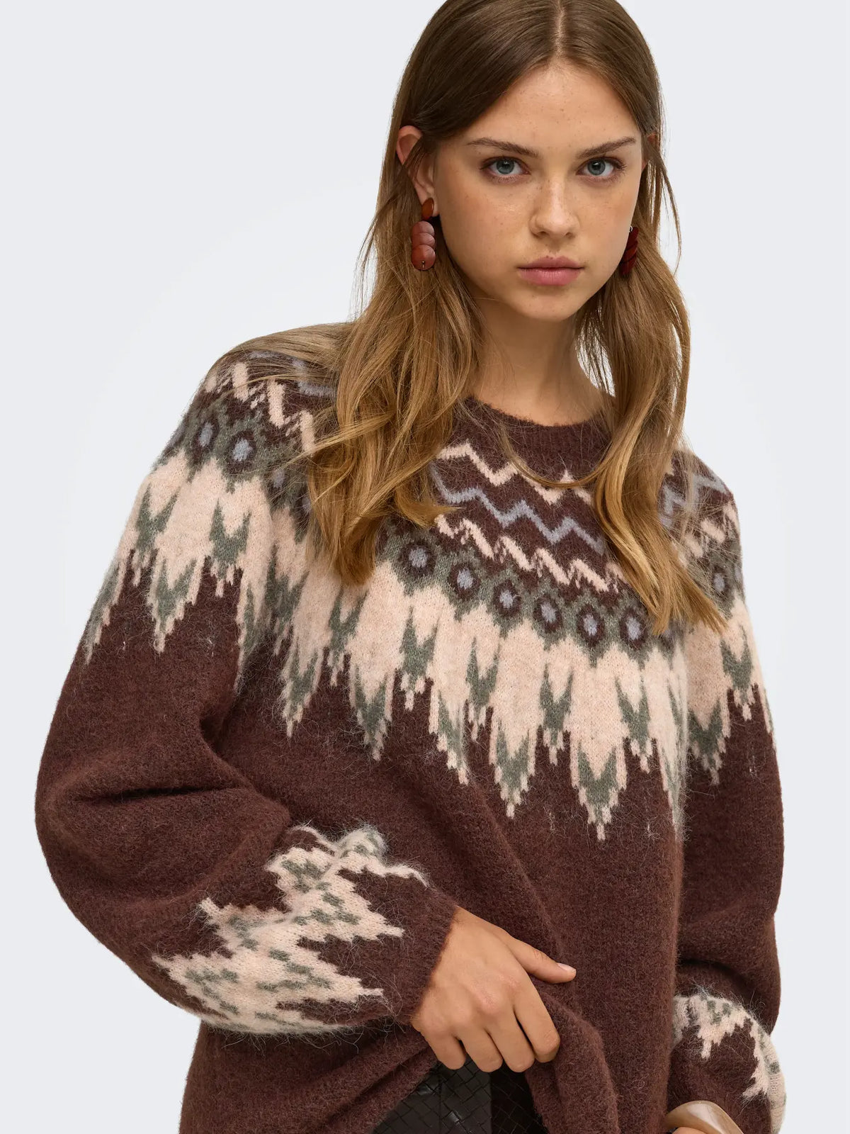 ONLY REYKJA LS FAIR ISLE O NECK SWEATER - COFFEE BEAN