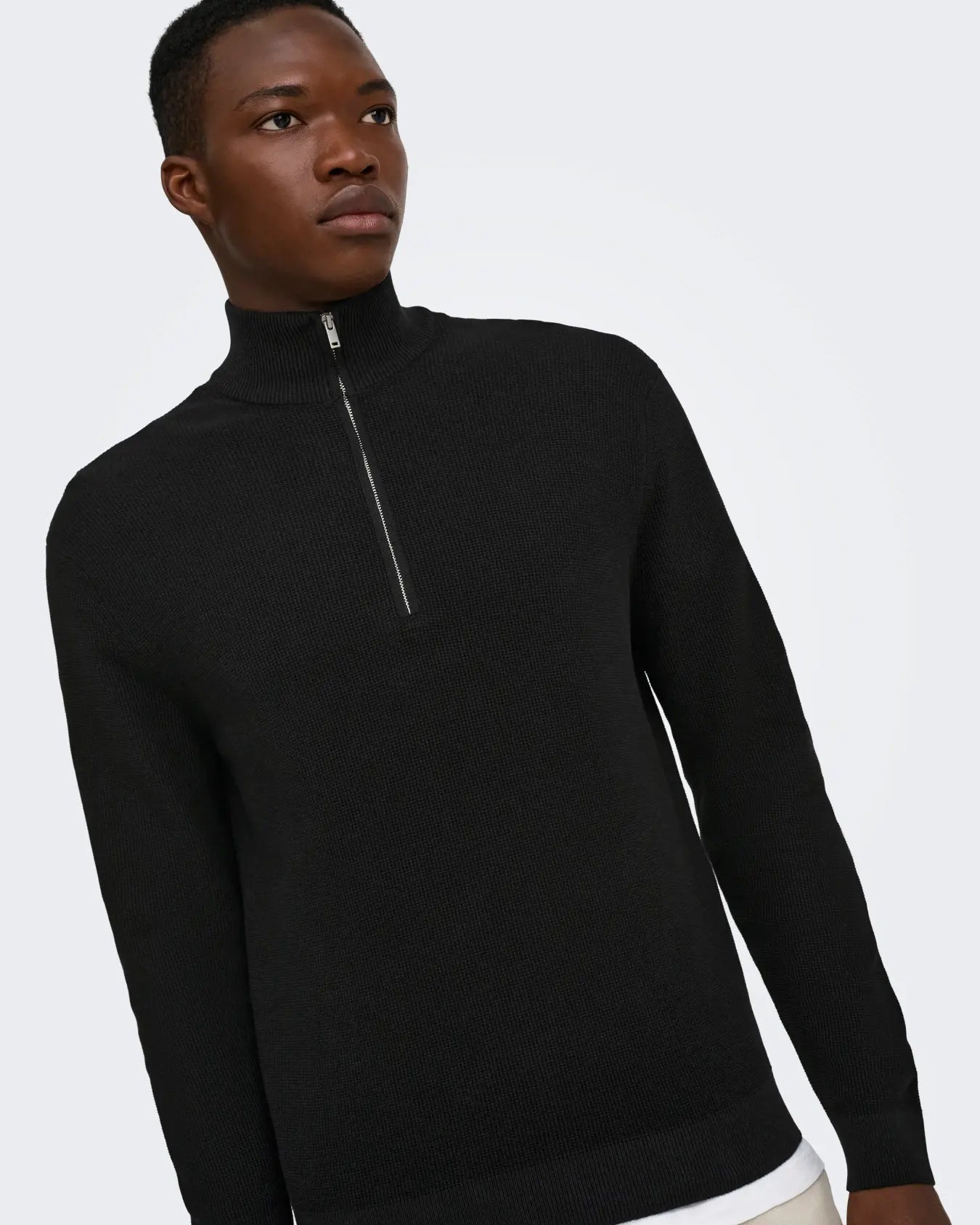 ONLY + SONS TONY REG 1/2 ZIP KNIT PULLOVER - BLACK