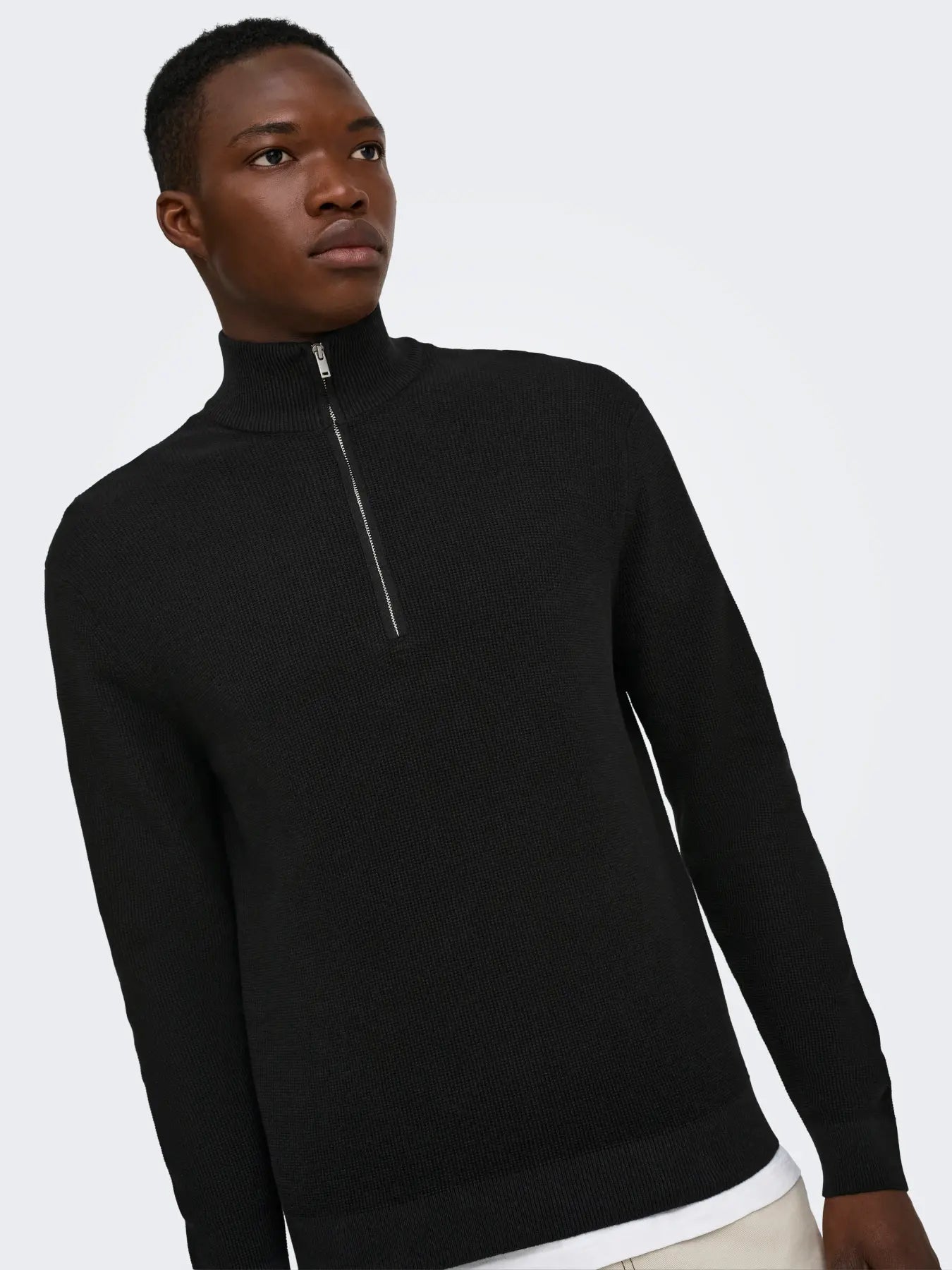 ONLY + SONS TONY REG 1/2 ZIP KNIT PULLOVER - BLACK
