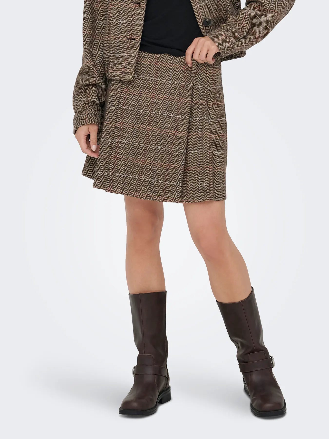 ONLY RICCA PLAID SKIRT - SEAL BROWN