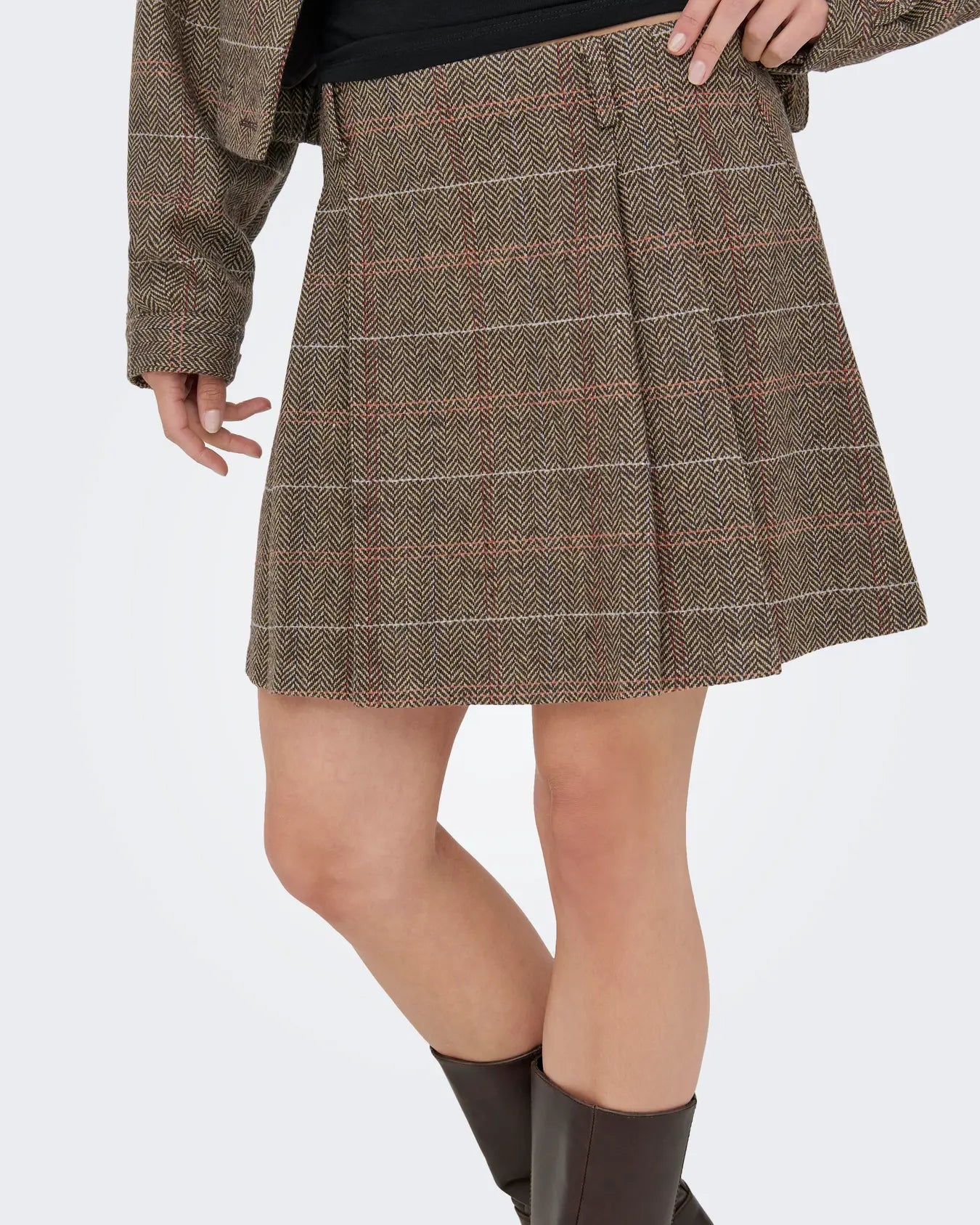 ONLY RICCA PLAID SKIRT - SEAL BROWN