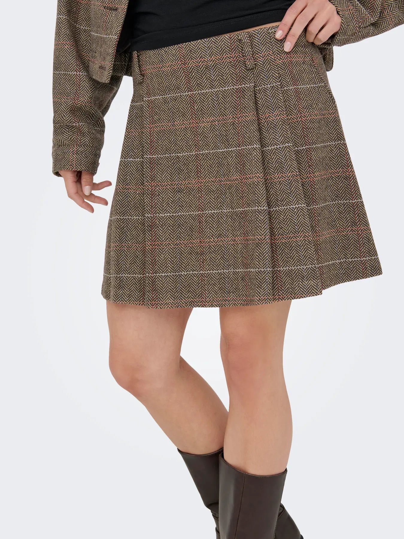 ONLY RICCA PLAID SKIRT - SEAL BROWN