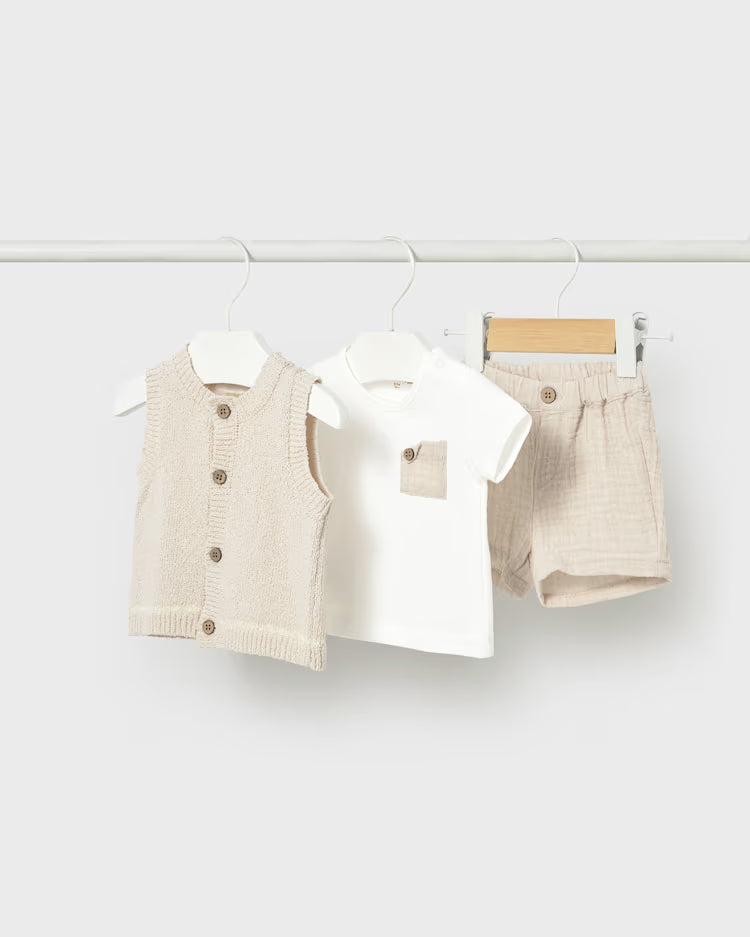 MAYORAL 3PC SHORTS + TOPS SET - WHEAT