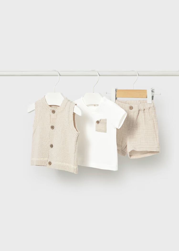 MAYORAL 3PC SHORTS + TOPS SET - WHEAT