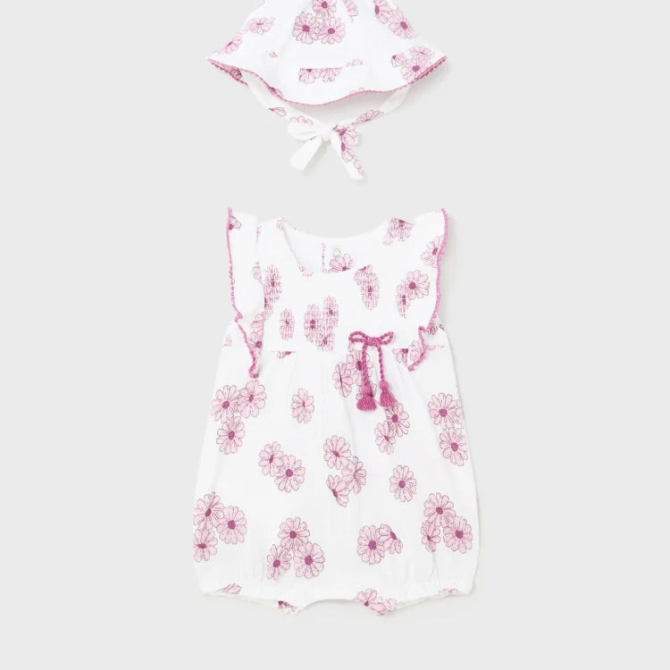 MAYORAL FLORAL ROMPER + HAT SET - PINK