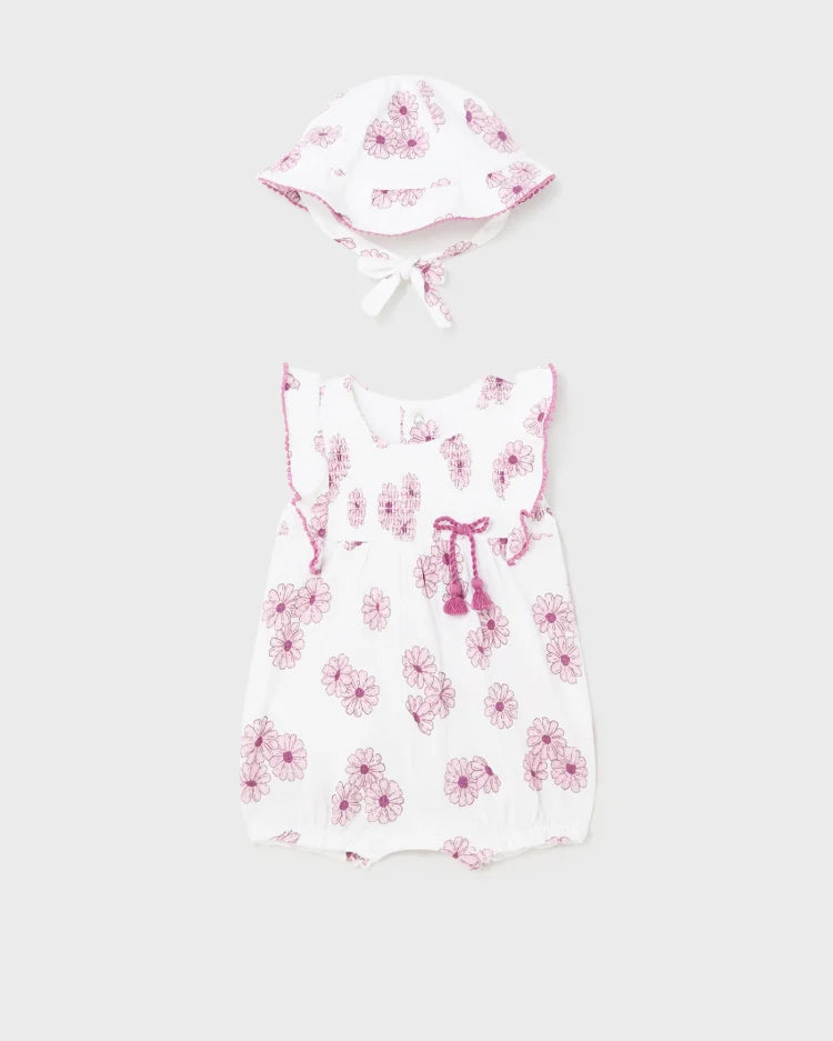 MAYORAL FLORAL ROMPER + HAT SET - PINK