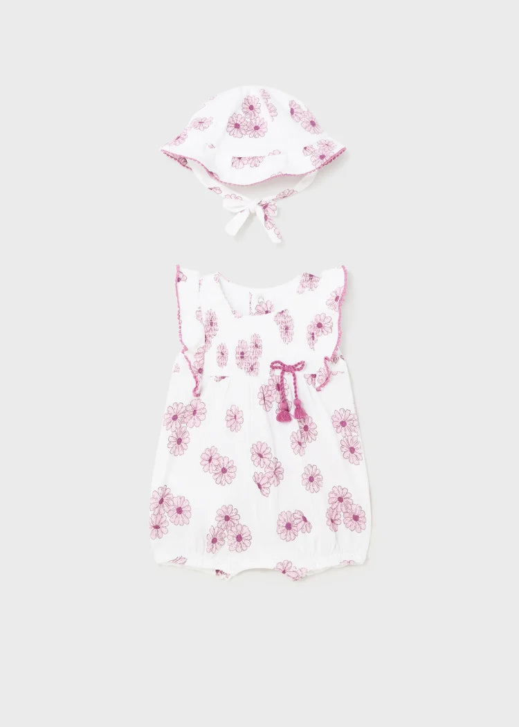 MAYORAL FLORAL ROMPER + HAT SET - PINK