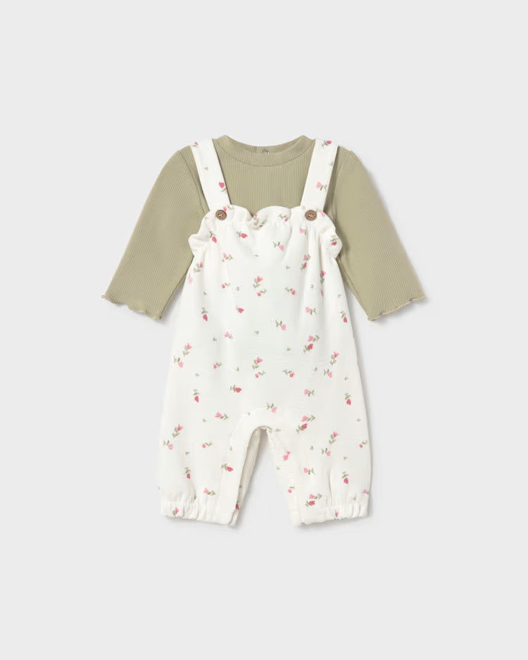 MAYORAL PRINTED DUNGAREE + SWEATER SET - BAYLEAF