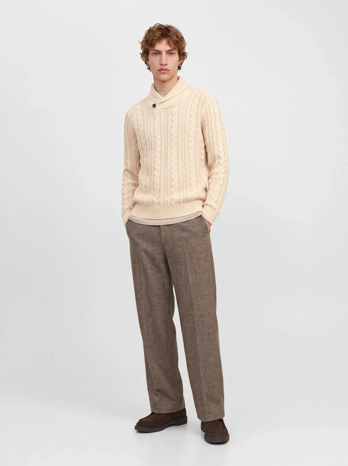 JJ CALLUM CABLE KNIT SHAWL SWEATER - PARCHMENT