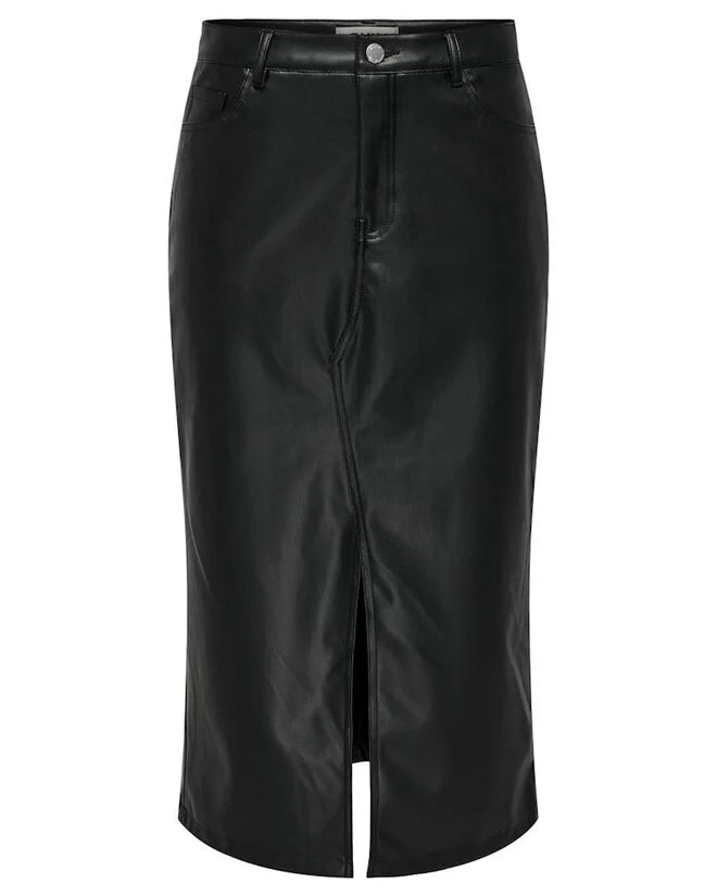 KIRI HW SLIT FAUX LEATHER SKIRT - BLACK