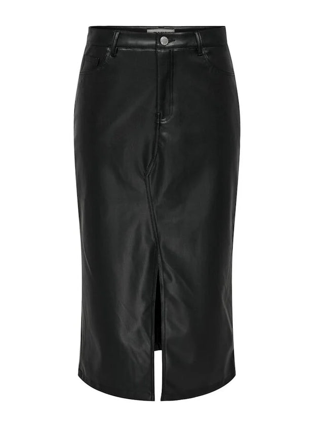 KIRI HW SLIT FAUX LEATHER SKIRT - BLACK