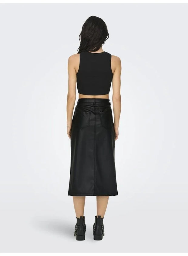 KIRI HW SLIT FAUX LEATHER SKIRT - BLACK