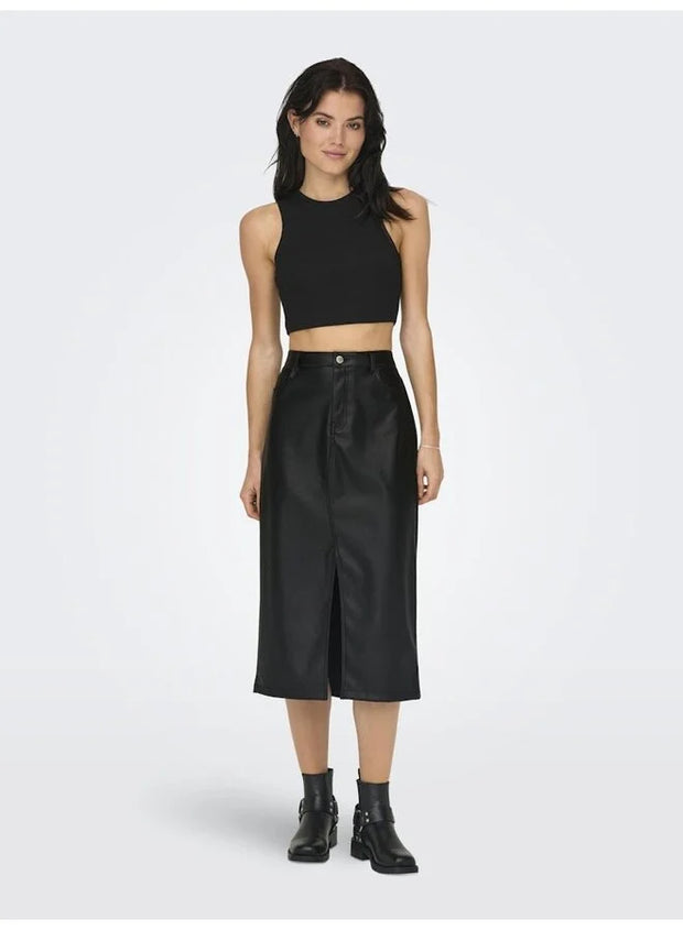 KIRI HW SLIT FAUX LEATHER SKIRT - BLACK