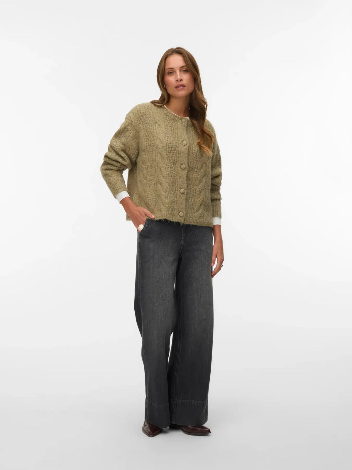VM INGRID CABLE KNIT CARDIGAN - OIL GREEN