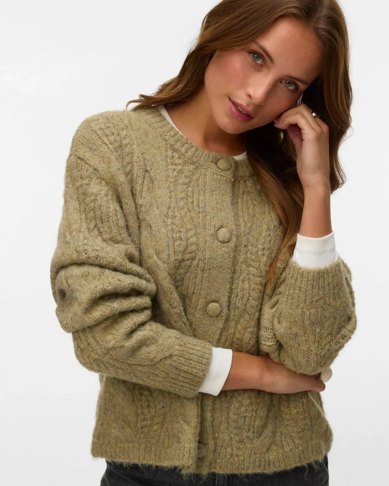 VM INGRID CABLE KNIT CARDIGAN - OIL GREEN