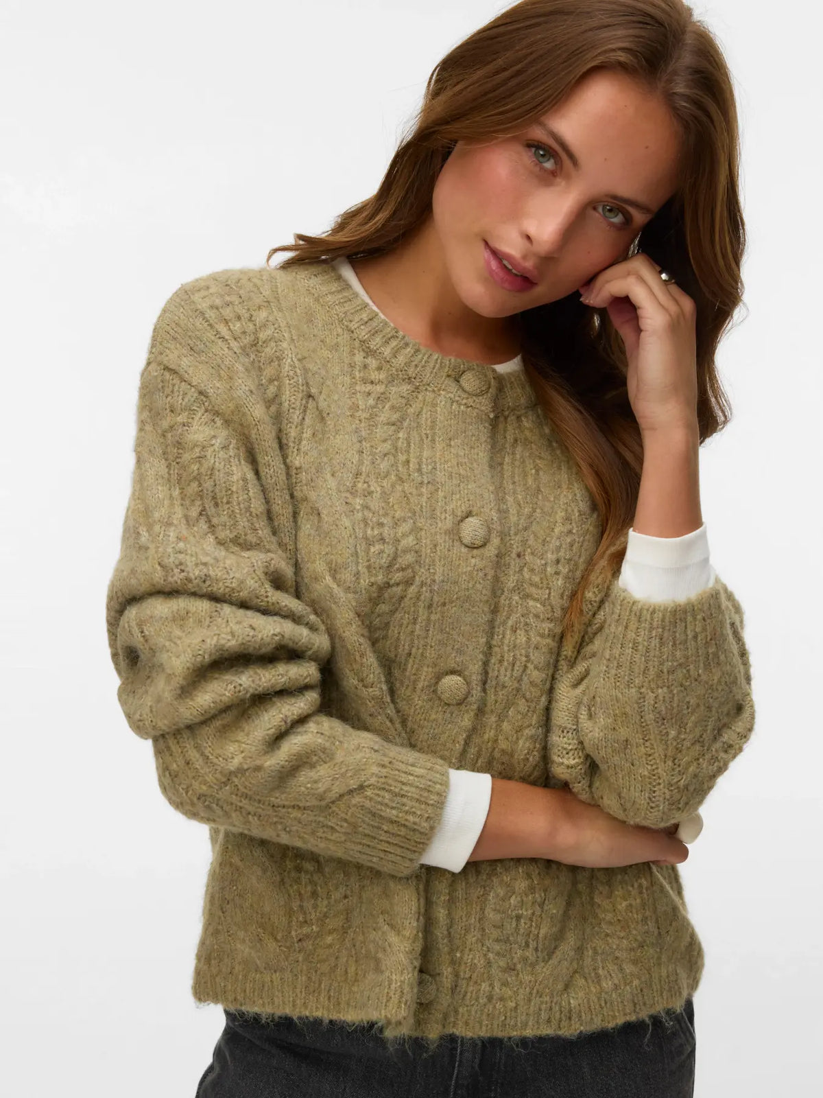 VM INGRID CABLE KNIT CARDIGAN - OIL GREEN