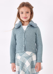 MAYORAL RIBBED CARDIGAN WITH FUR COLLAR - BLUEBELL