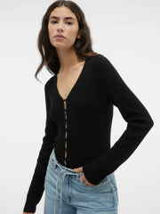 GOLD V NECK BUTTON PULLOVER - BLACK