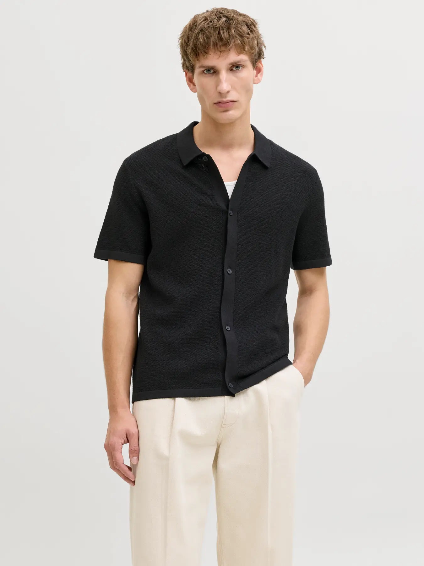 JJ GEORGE KNIT BUTTON DOWN TEE - BLACK