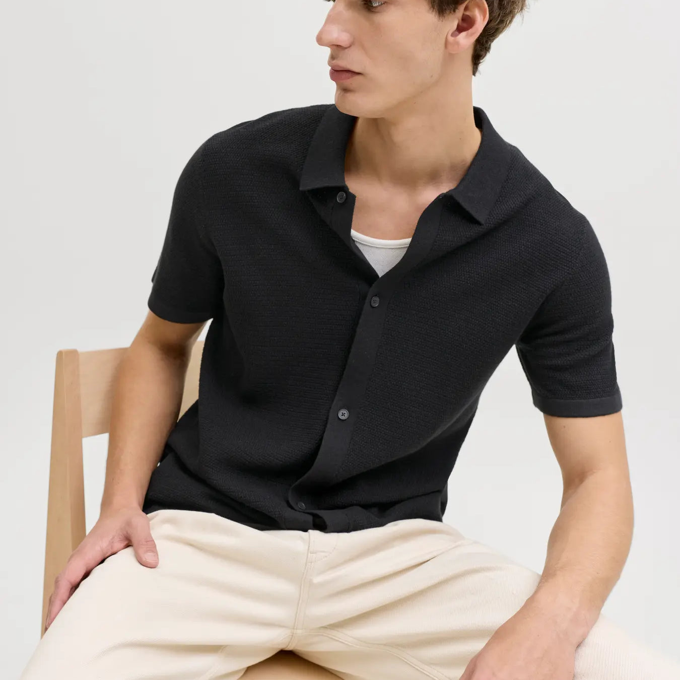 JJ GEORGE KNIT BUTTON DOWN TEE - BLACK