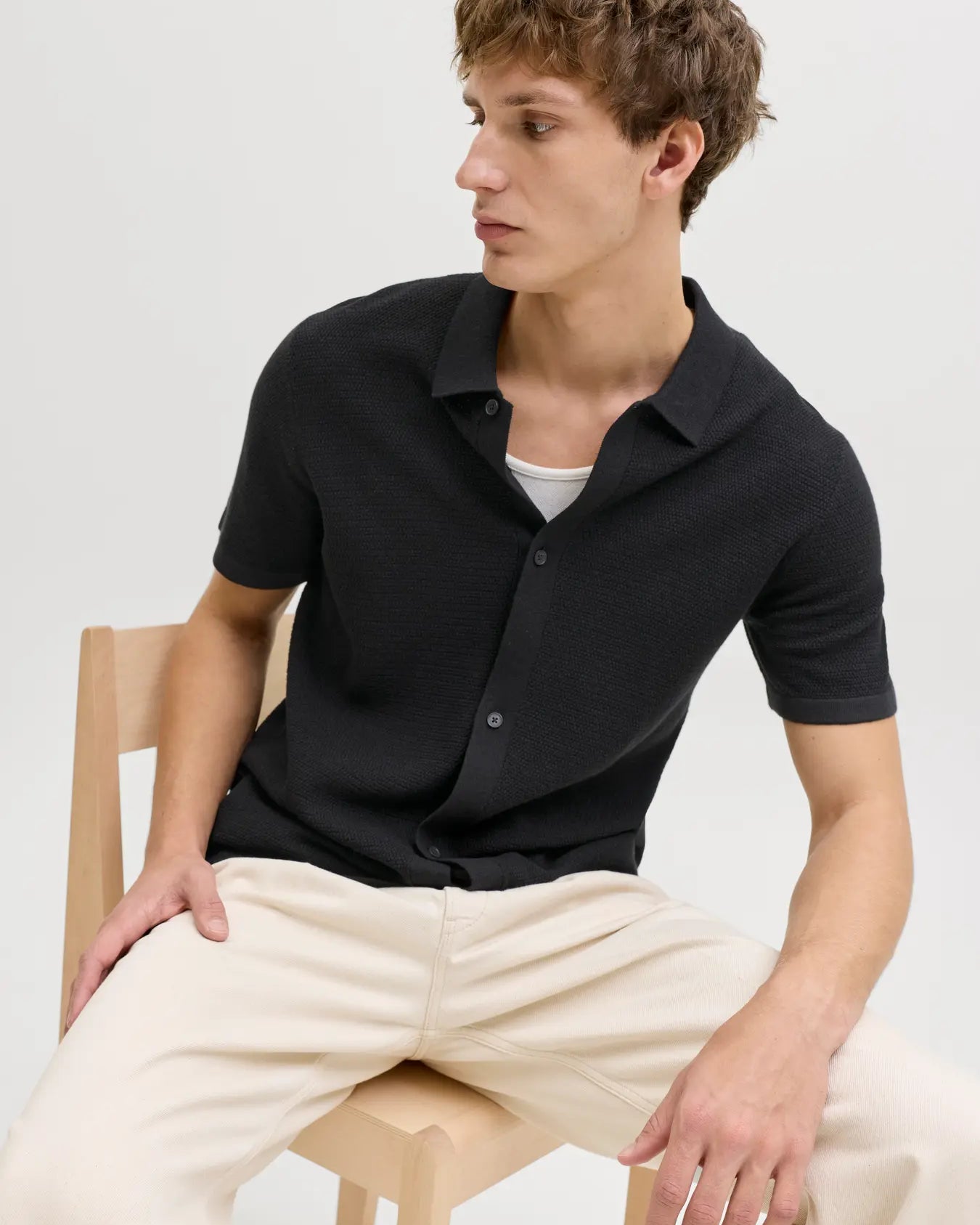 JJ GEORGE KNIT BUTTON DOWN TEE - BLACK