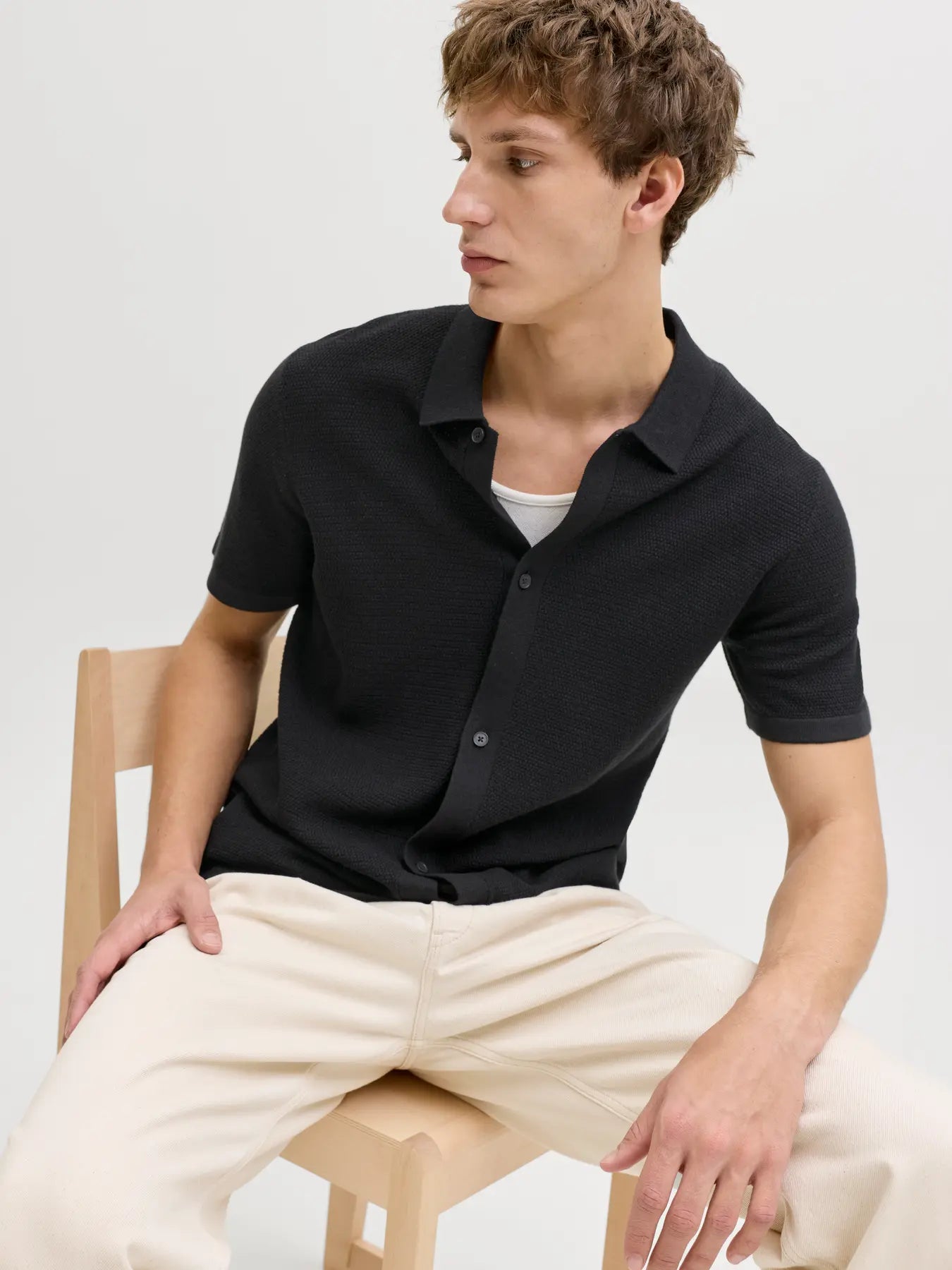 JJ GEORGE KNIT BUTTON DOWN TEE - BLACK