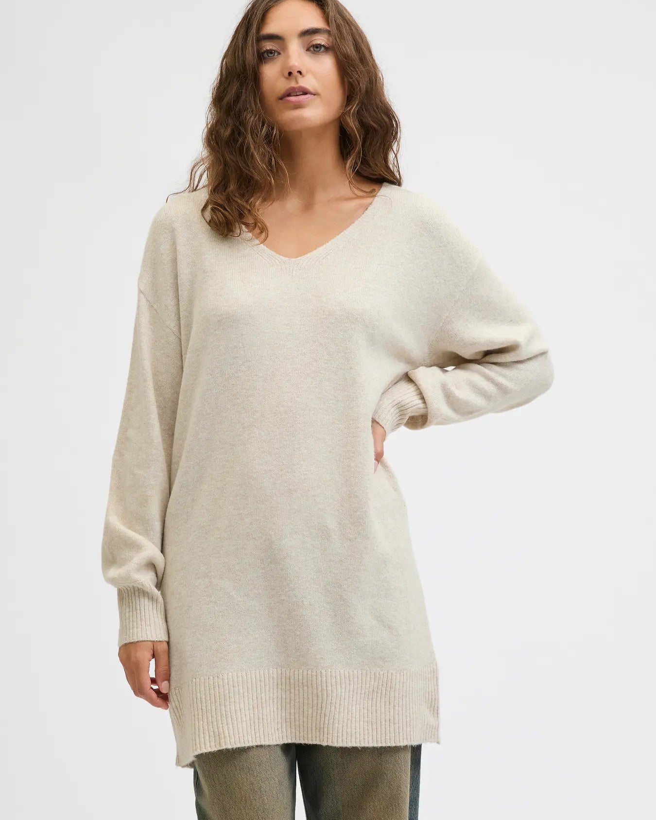 JJXX EFFIE V NECK SWEATER DRESS - FOG