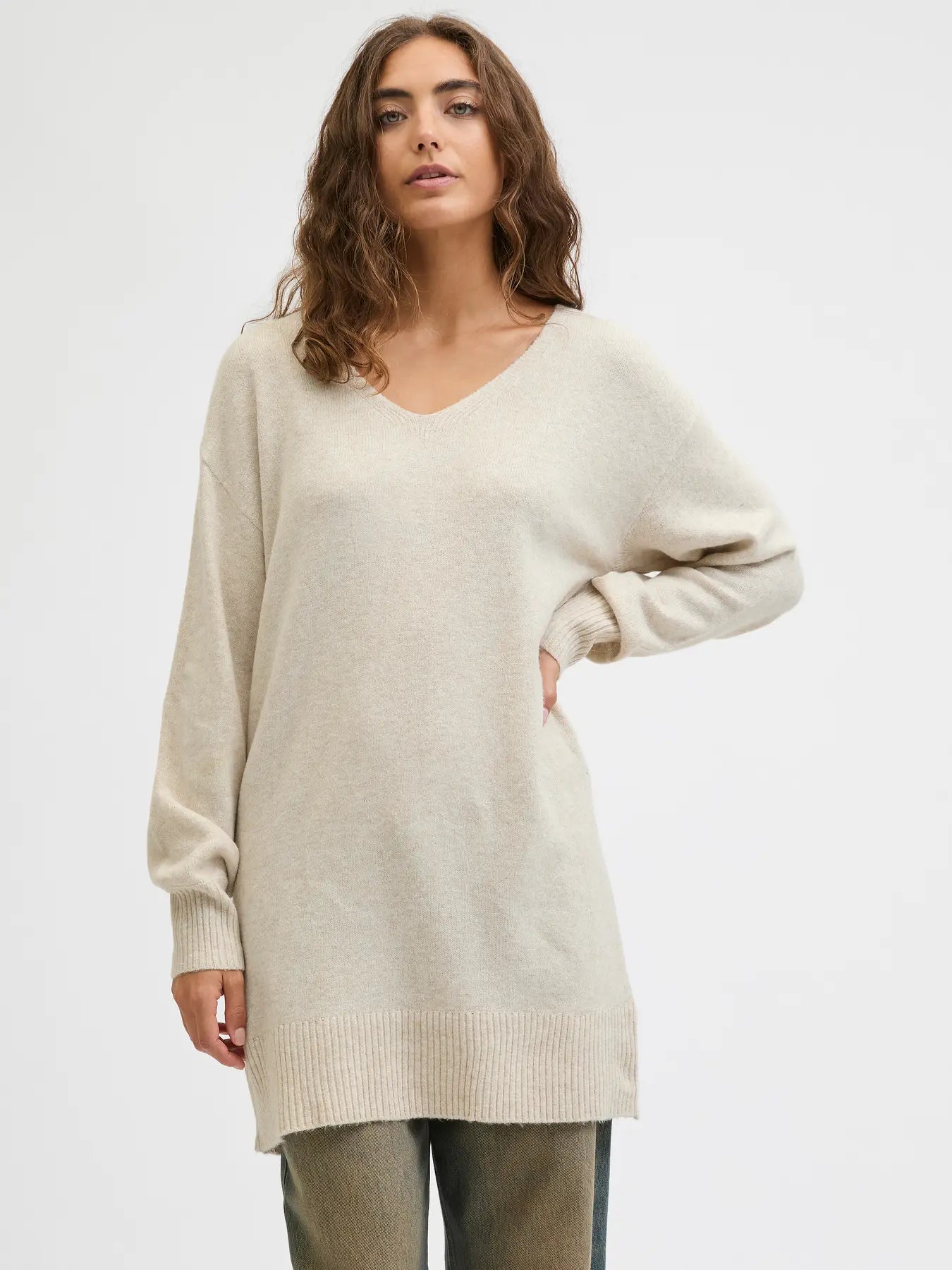 JJXX EFFIE V NECK SWEATER DRESS - FOG