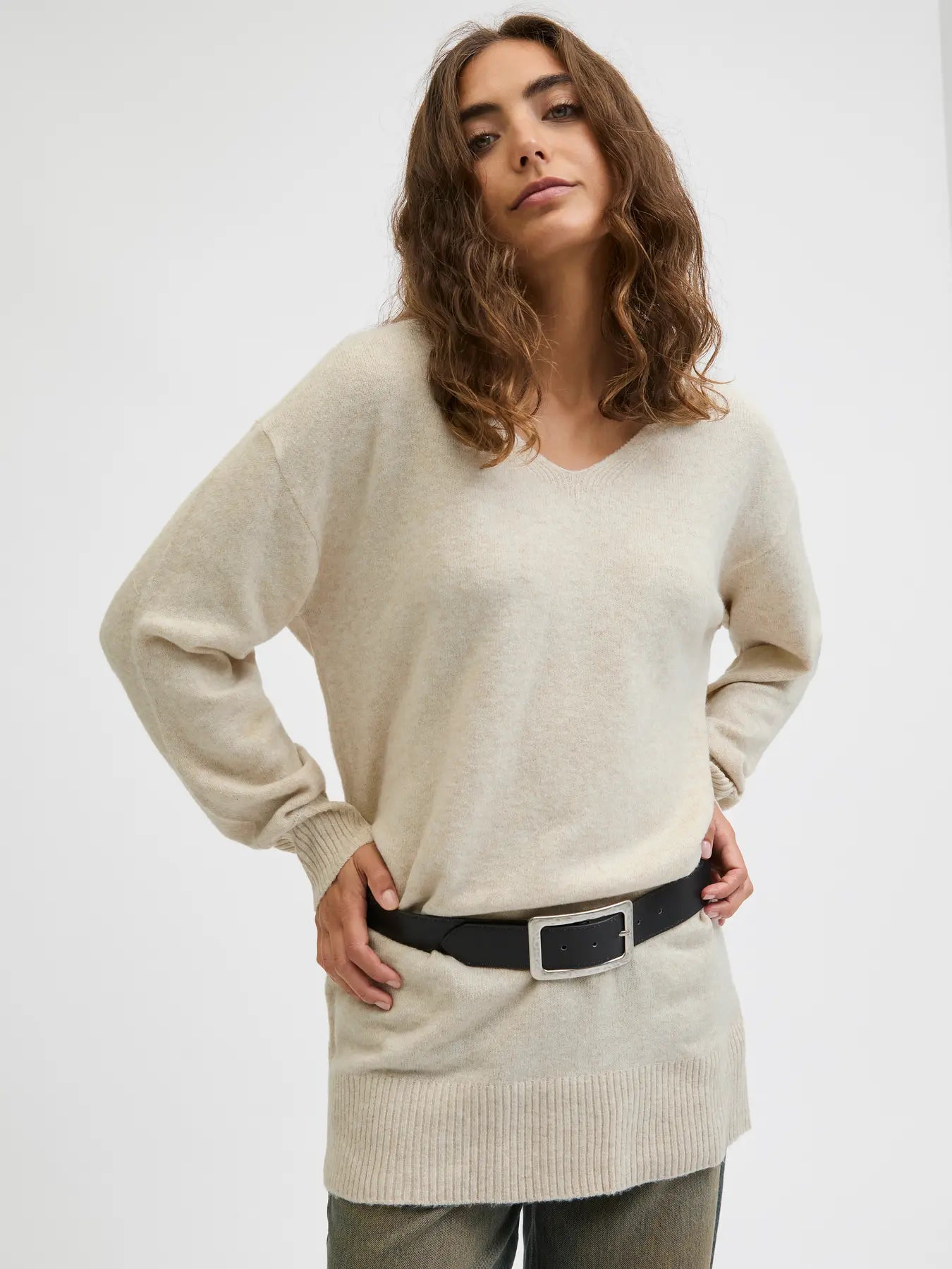 JJXX EFFIE V NECK SWEATER DRESS - FOG