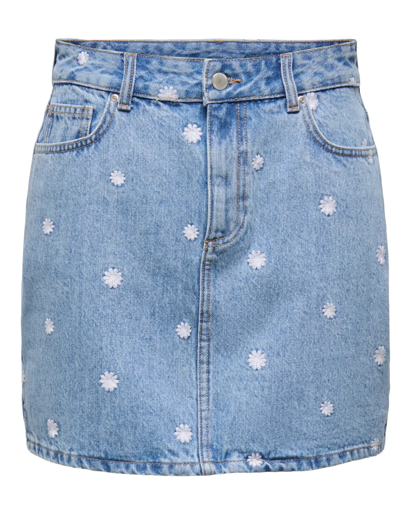 ONLY STELLA EMBROIDERED DAISY DENIM SKIRT - LIGHT BLUE