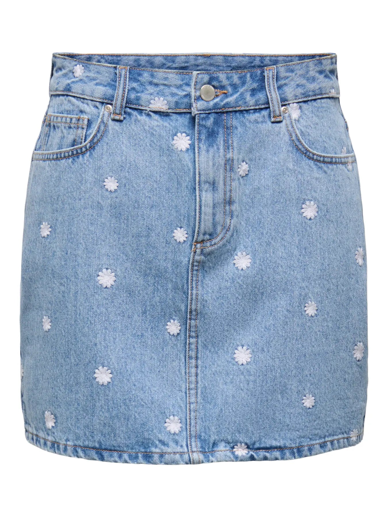 ONLY STELLA EMBROIDERED DAISY DENIM SKIRT - LIGHT BLUE