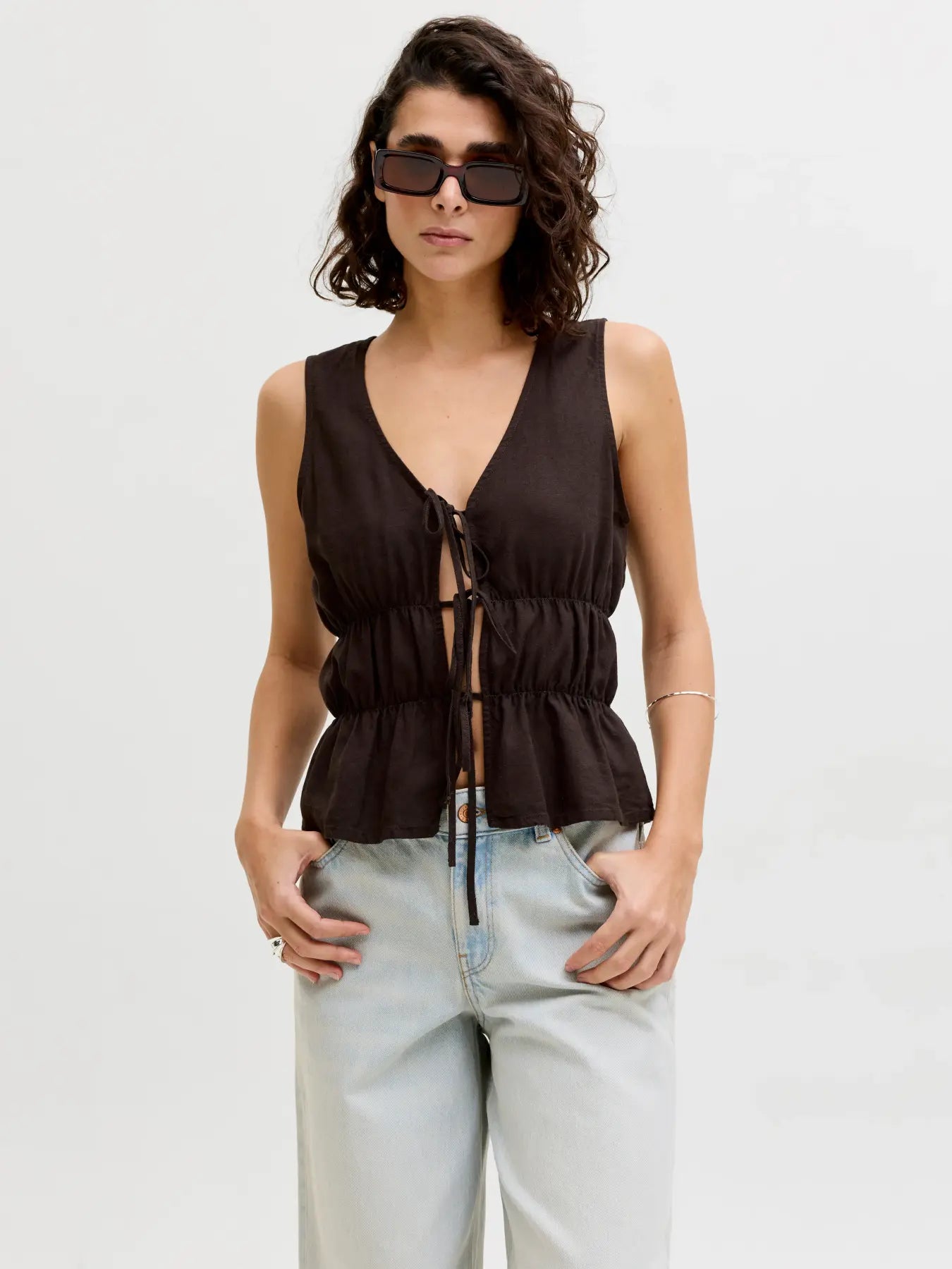JJXX ALMIRA LINEN TIE TOP - SEAL BROWN